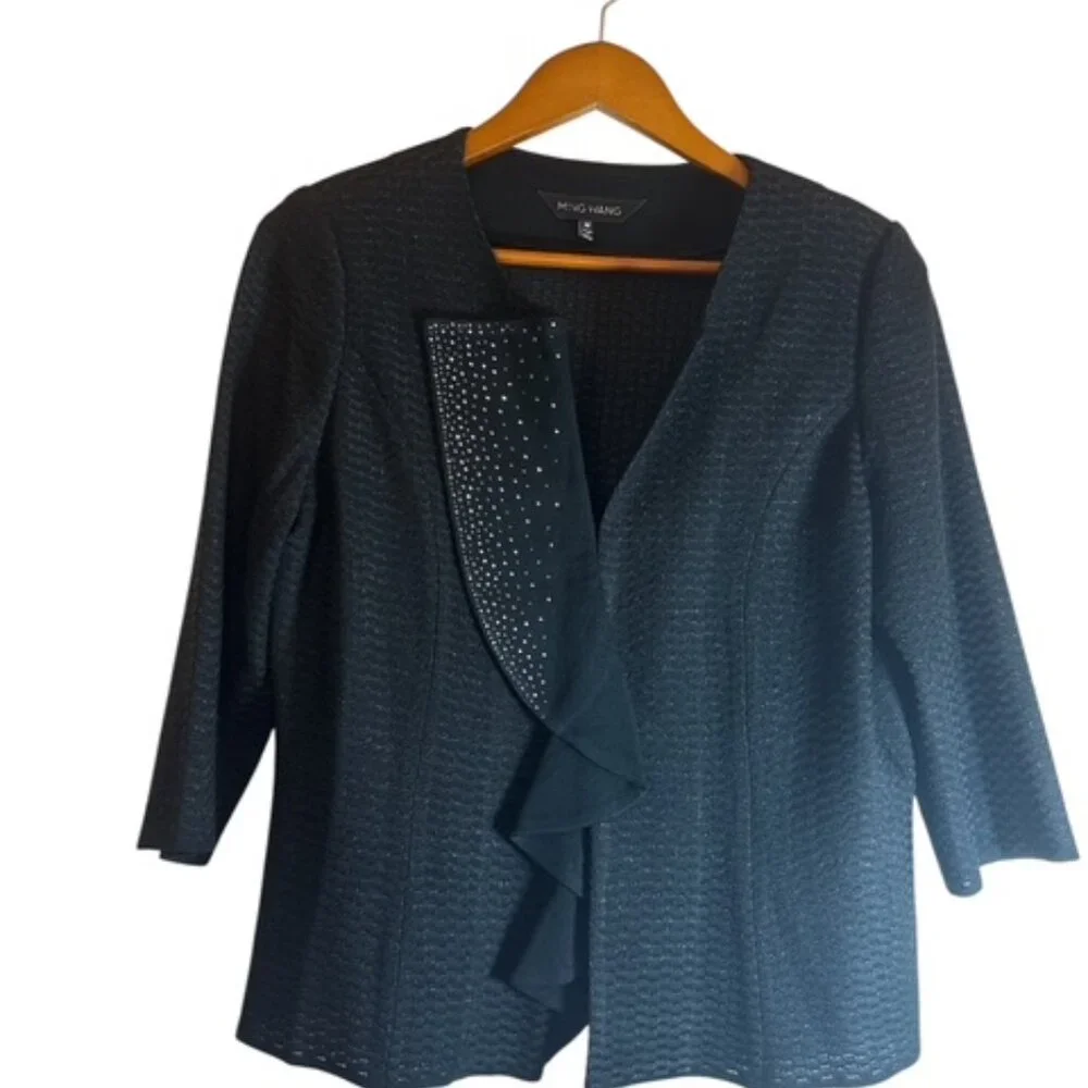 Ming Wang Blazer Jacket Women’s M Black Sparkle Hook Loop Stretch 3/4 Sleeve